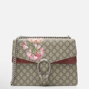 Gucci Beige GG Supreme Floral Canvas Shoulder Bag with Brown Trim